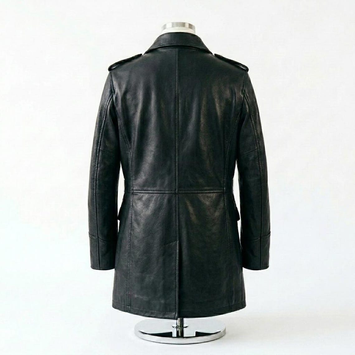 Back view of black leather long coat for men