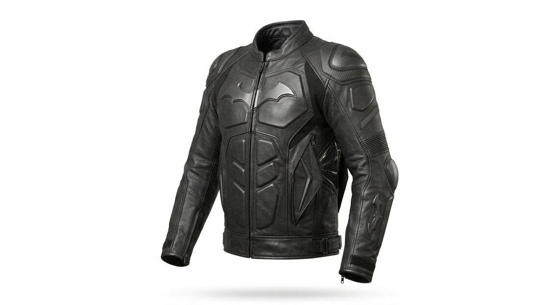 Side angle of black biker armor leather jacket for men