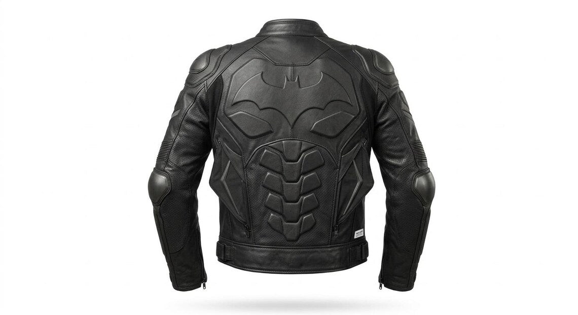 Back view of protective men black leather motorcycle jacket