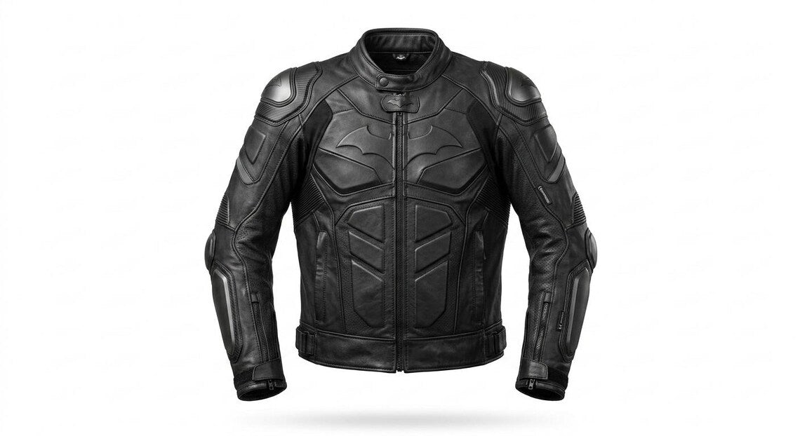 Front view of men black leather motorcycle jacket with protective armor
