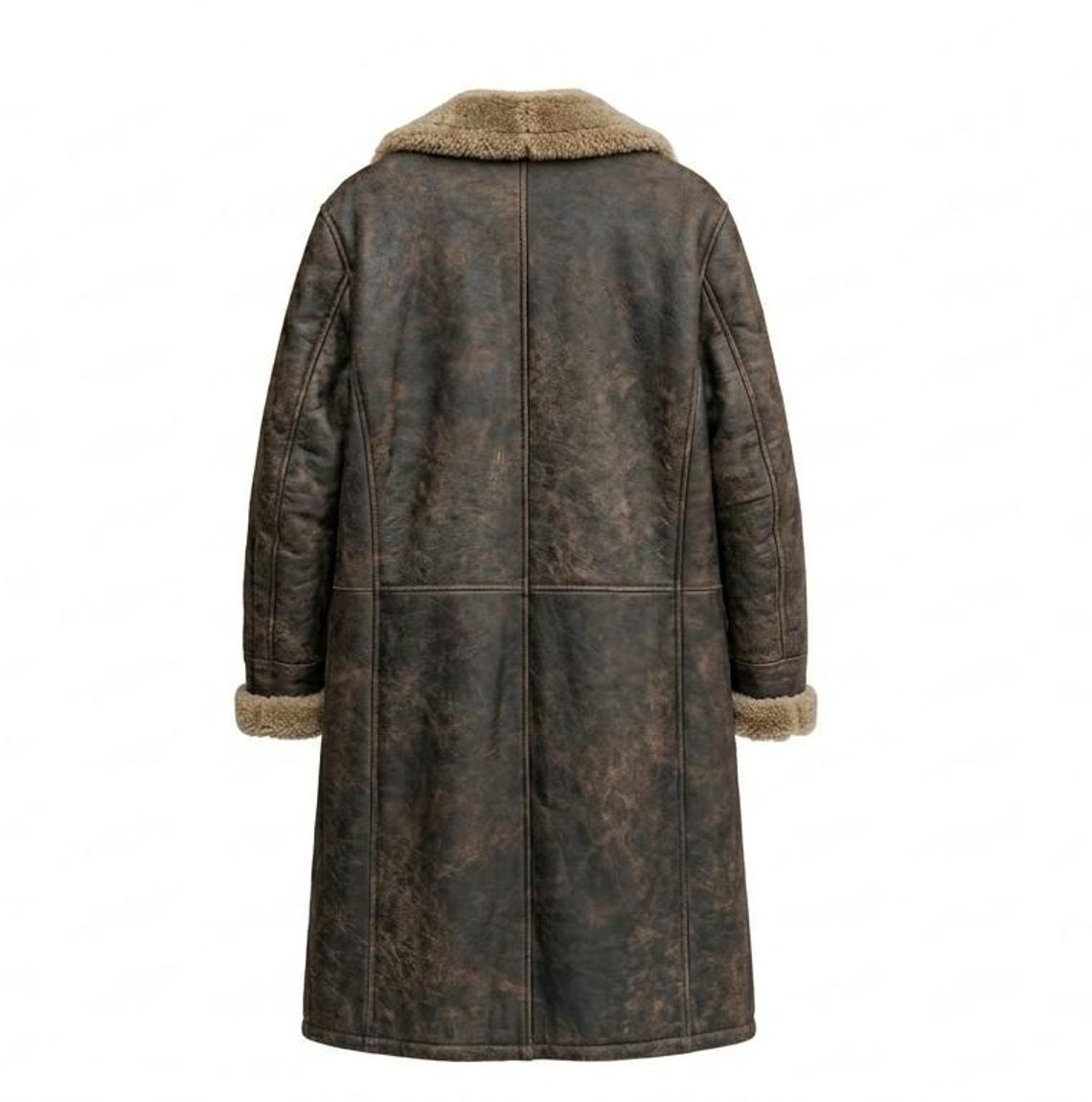 Back view of men vintage brown leather long coat with faux fur lining and full length design
