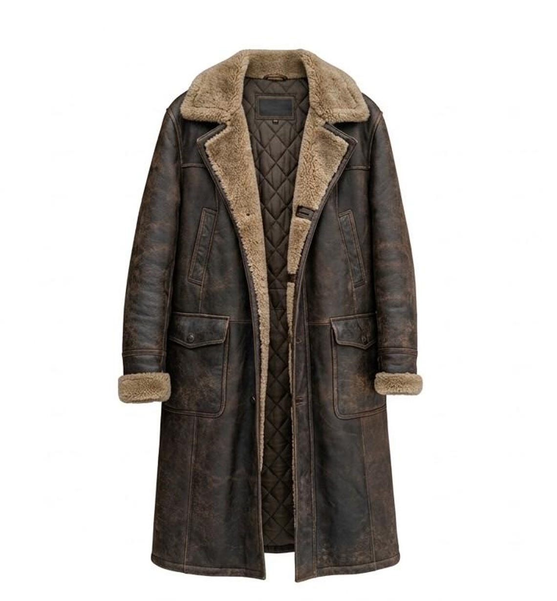 Front view of men vintage brown leather long coat with faux fur lining