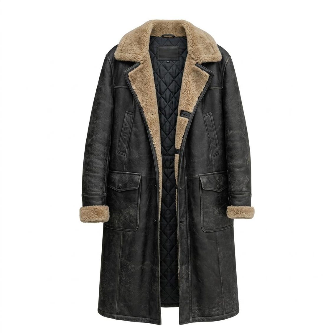 Front view of men vintage black leather long coat with faux fur lining