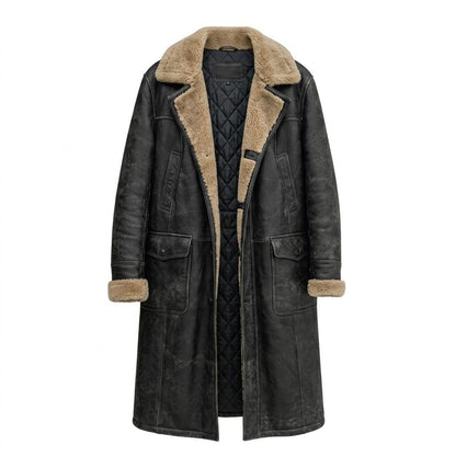 Front view of men vintage black leather long coat with faux fur lining