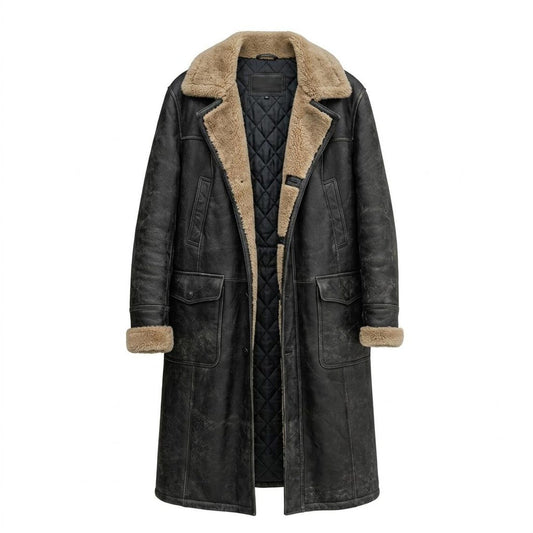 Front view of men vintage black leather long coat with faux fur lining