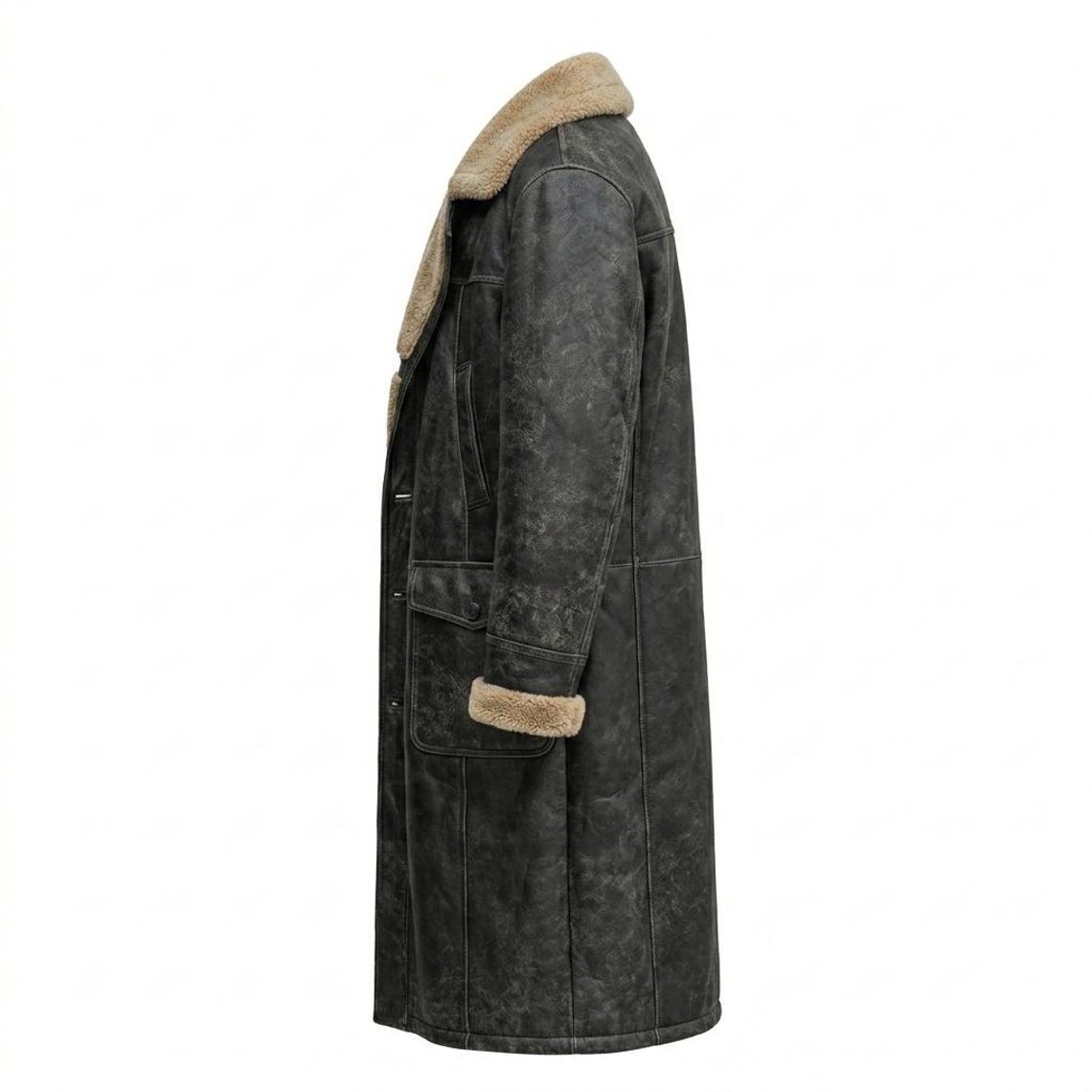 Side view of men vintage black leather long coat with faux fur lining and tailored fit