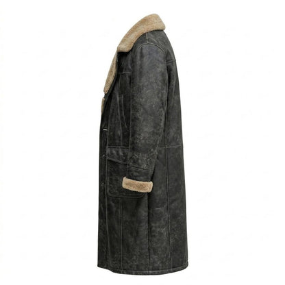 Side view of men vintage black leather long coat with faux fur lining and tailored fit