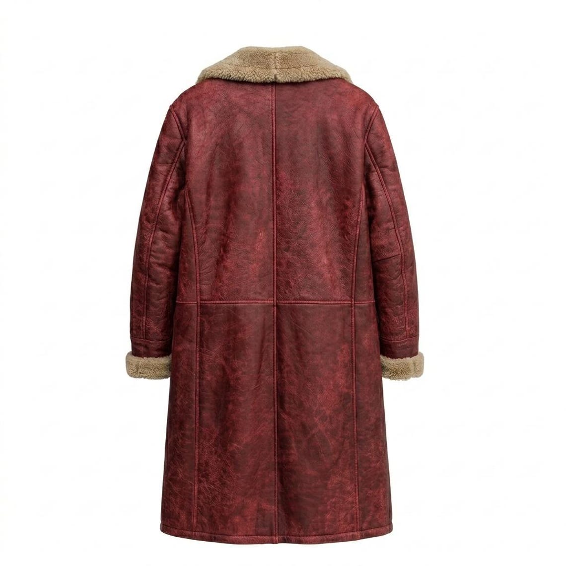 Back view of mens vintage red leather long coat with full length design