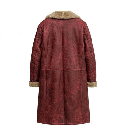 Back view of mens vintage red leather long coat with full length design