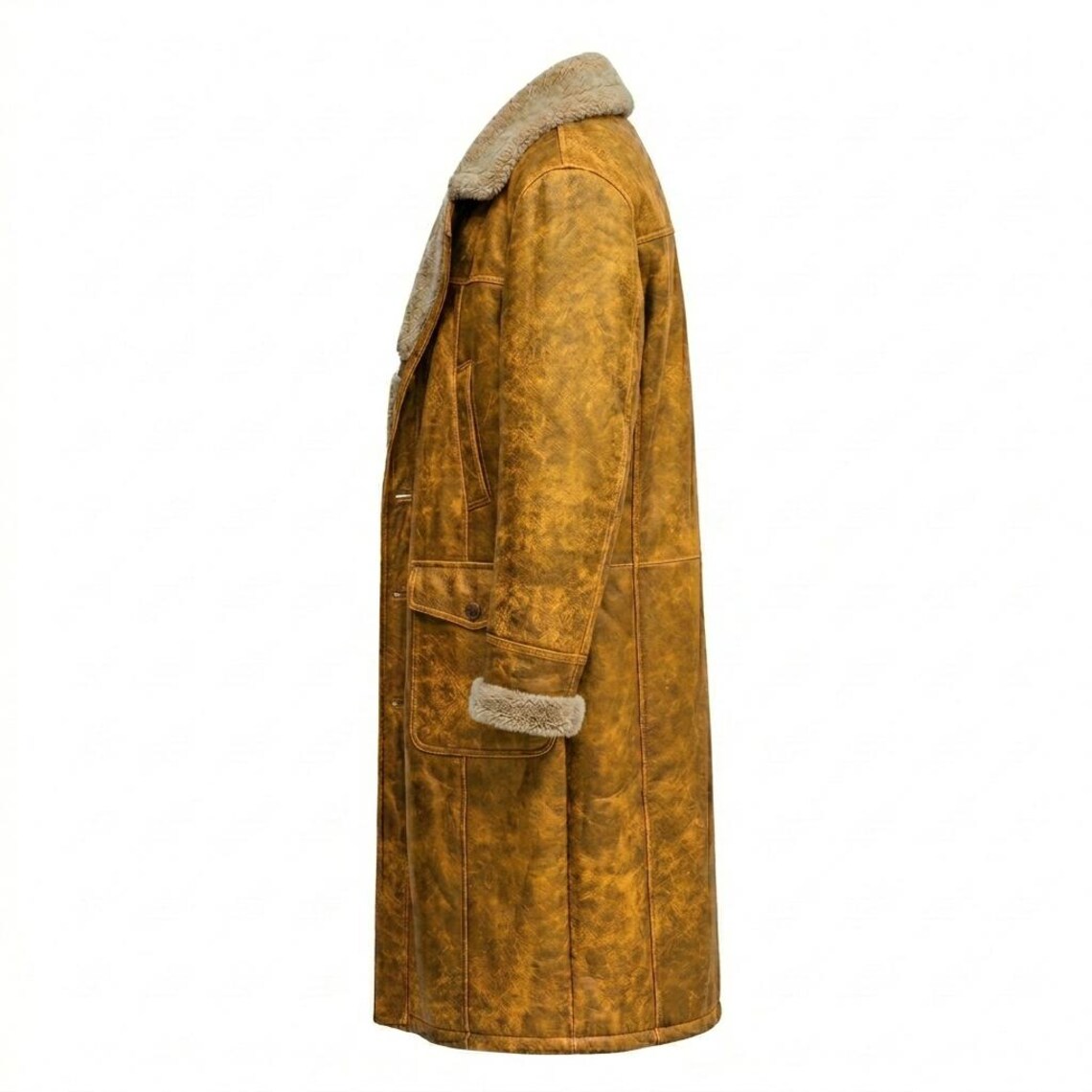 Side view of mens long yellow leather winter coat