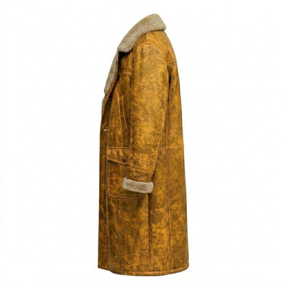 Side view of mens long yellow leather winter coat