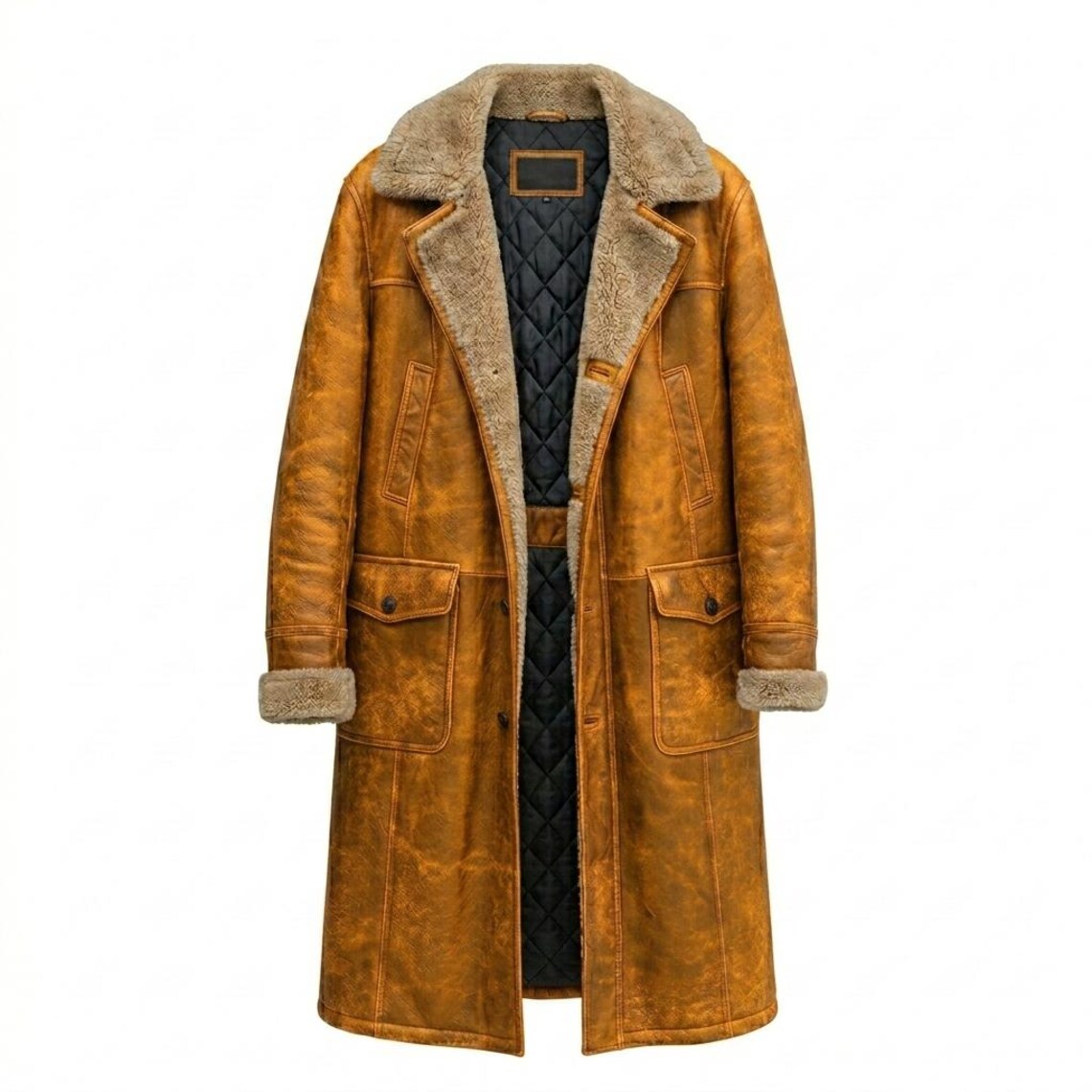 Front view of mens vintage yellow leather long coat with faux fur lining