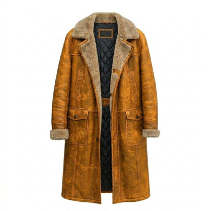Front view of mens vintage yellow leather long coat with faux fur lining