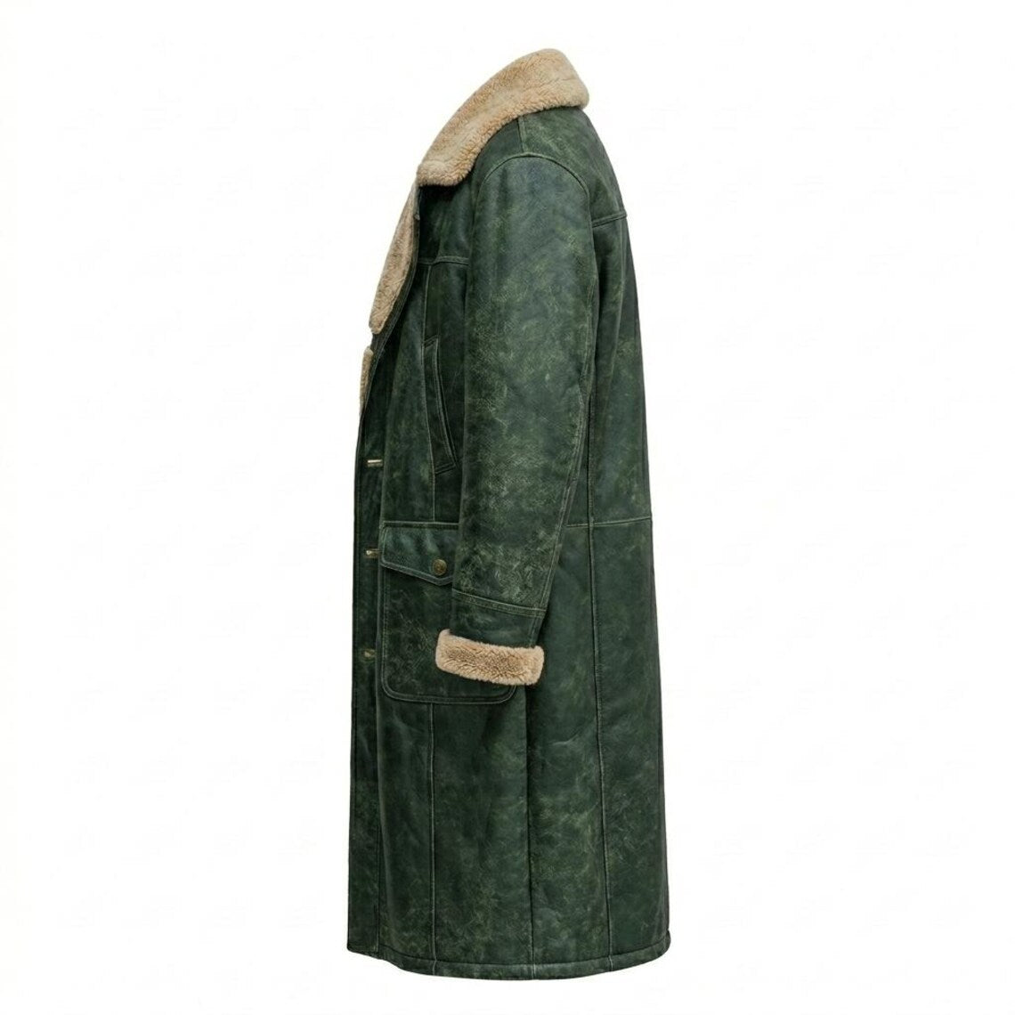 Side view of mens long green leather winter coat