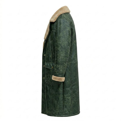 Side view of mens long green leather winter coat