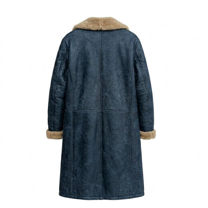 Back view of mens vintage blue leather long coat with full length design