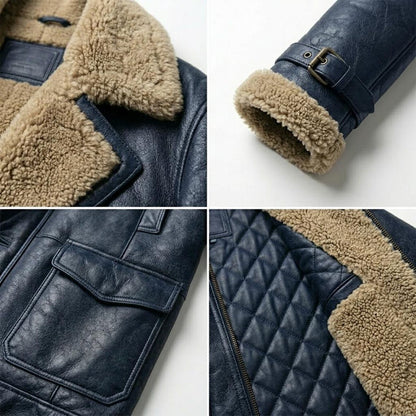 Statement mens blue leather coat with vintage appeal