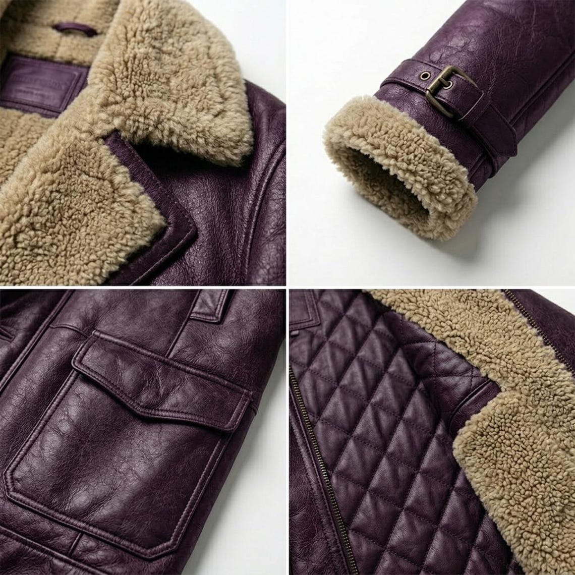 remium mens purple leather winter jacket with faux fur lining