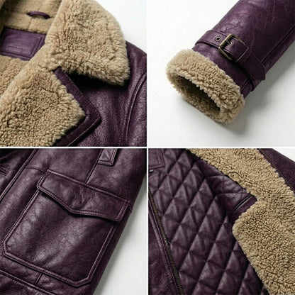 remium mens purple leather winter jacket with faux fur lining