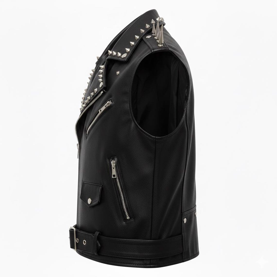 Men Studded Spiked Leather Biker Vest with Phoenix Fire Patch