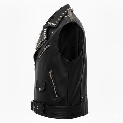 Men Studded Spiked Leather Biker Vest with Phoenix Fire Patch
