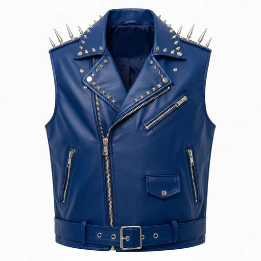 Men Blue Leather Biker Vest with Studded Spike Detail and Phoenix Patch