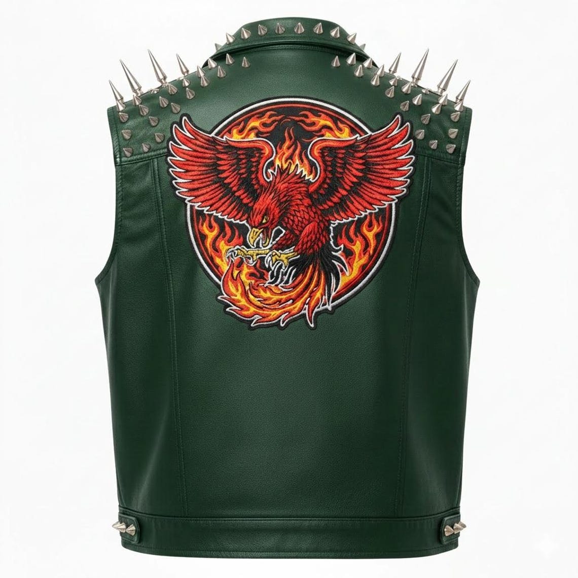 Men’s Green Studded Leather Biker Vest with Phoenix Fire Patch