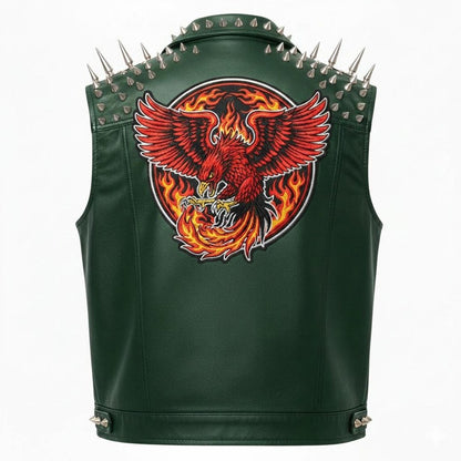 Men’s Green Studded Leather Biker Vest with Phoenix Fire Patch