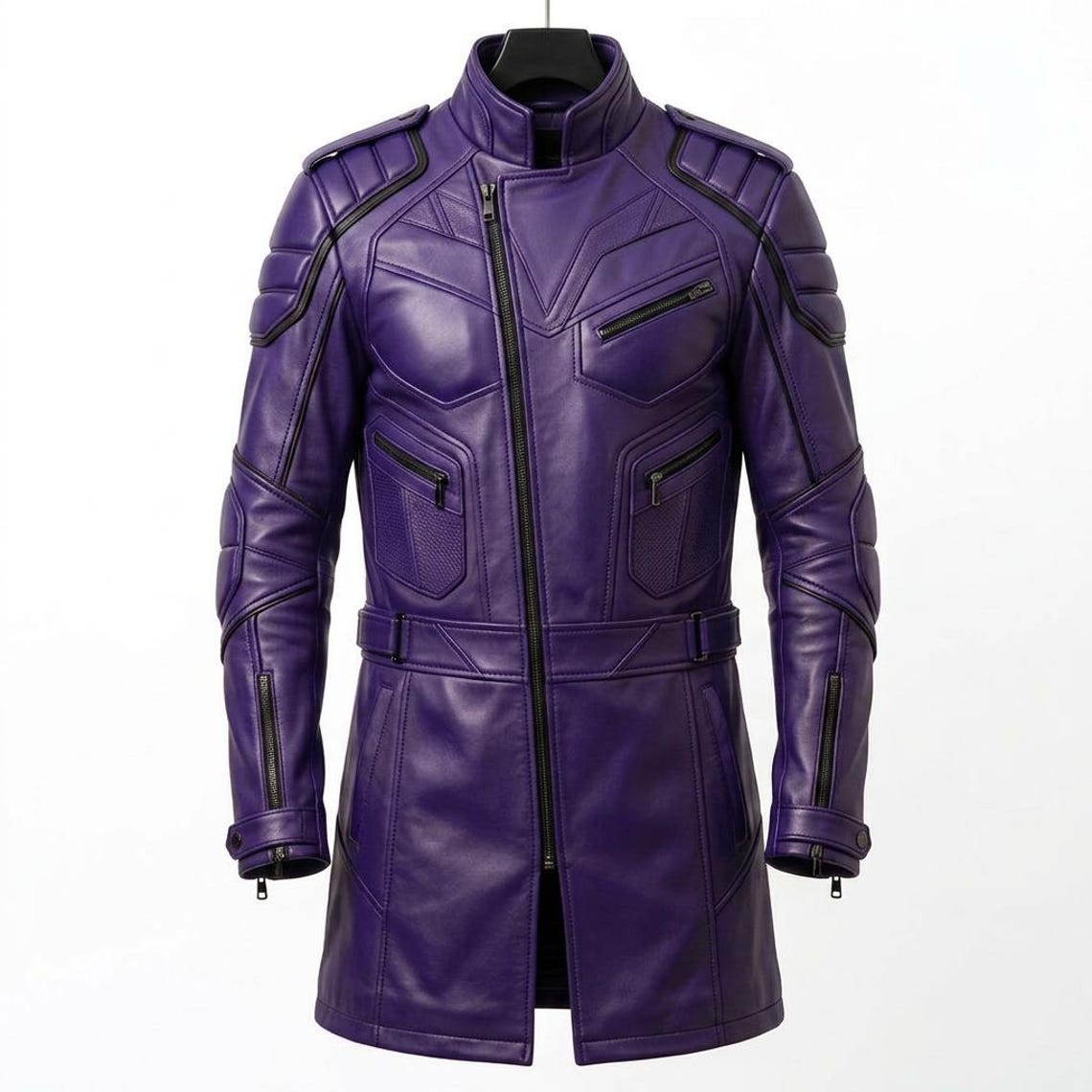  Front view of men purple leather long coat slim fit tactical moto style