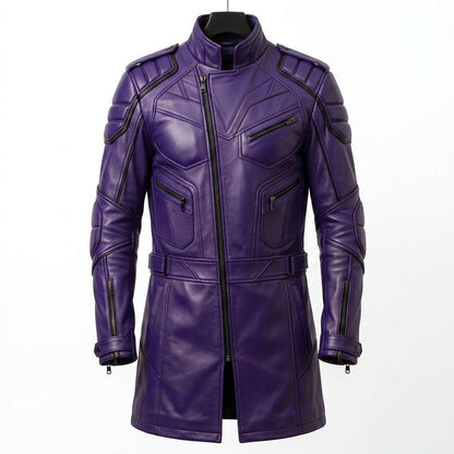 Front view of men purple leather long coat slim fit tactical moto style