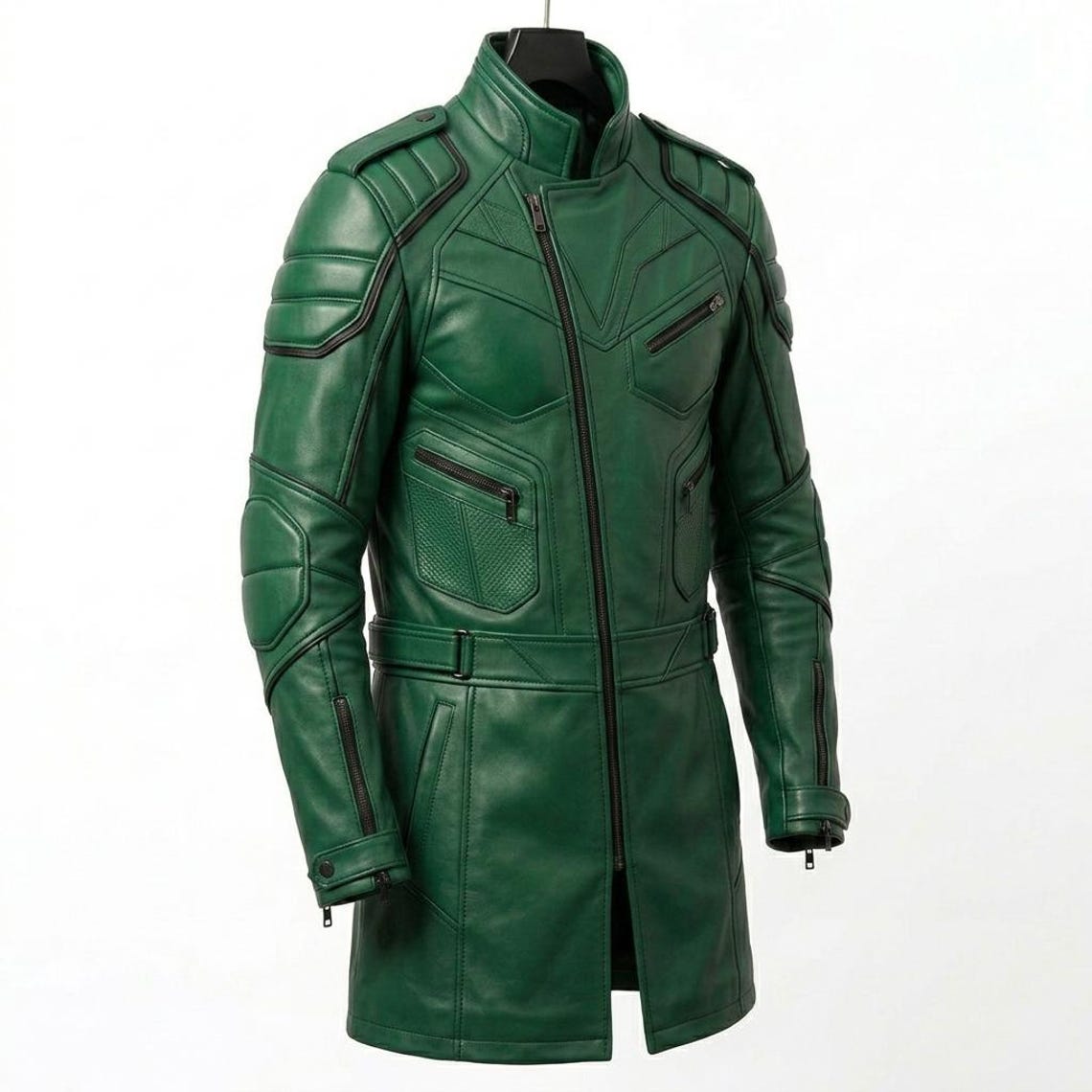 Side profile of men slim fit green leather long coat