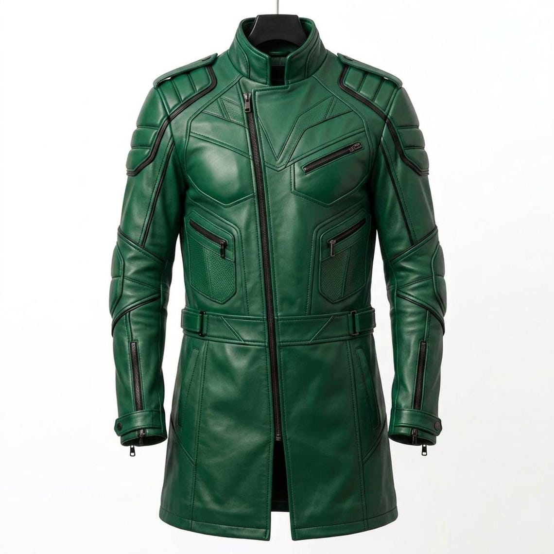 Front view of men green leather long coat slim fit tactical moto style