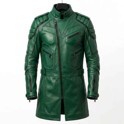 Front view of men green leather long coat slim fit tactical moto style
