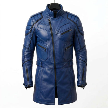 Close up detail of blue genuine leather texture on men long coat