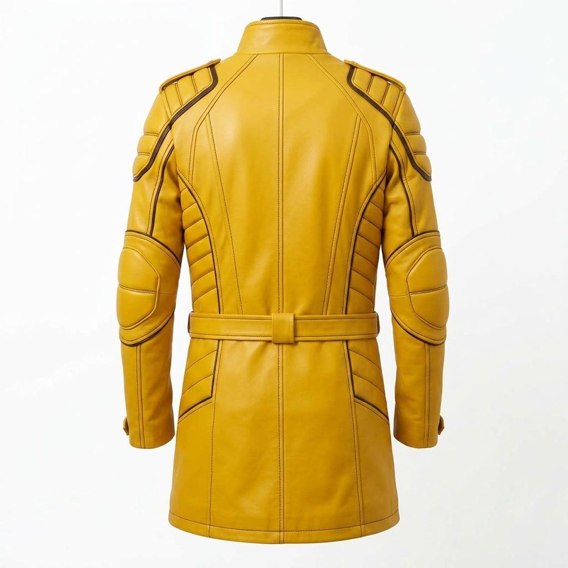 Back view of men tactical yellow leather long coat