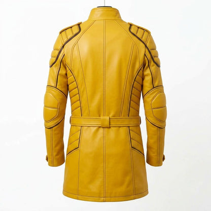 Back view of men tactical yellow leather long coat