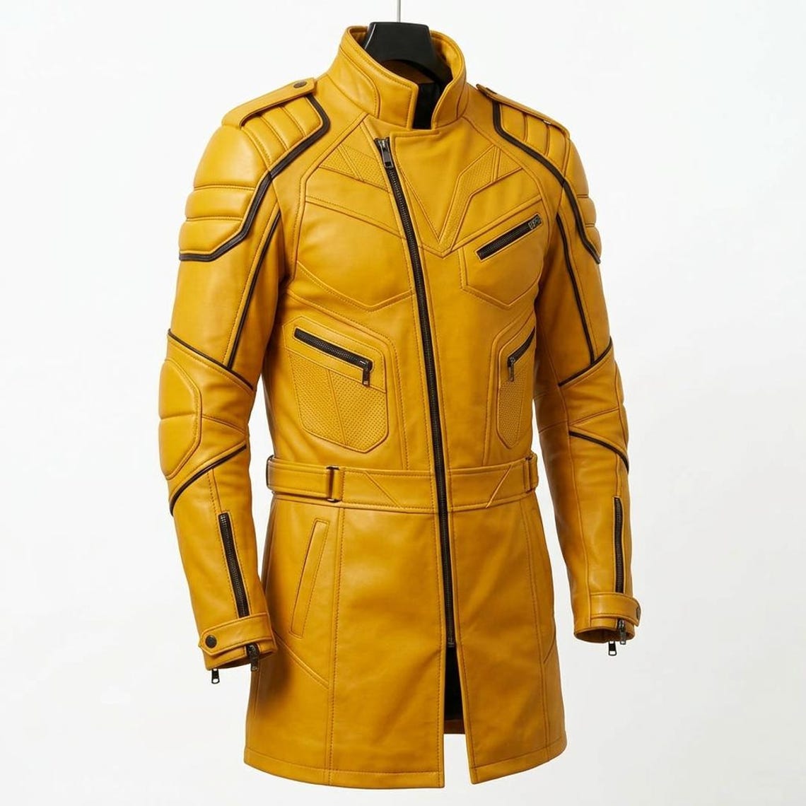 Side angle of yellow leather biker long coat for men