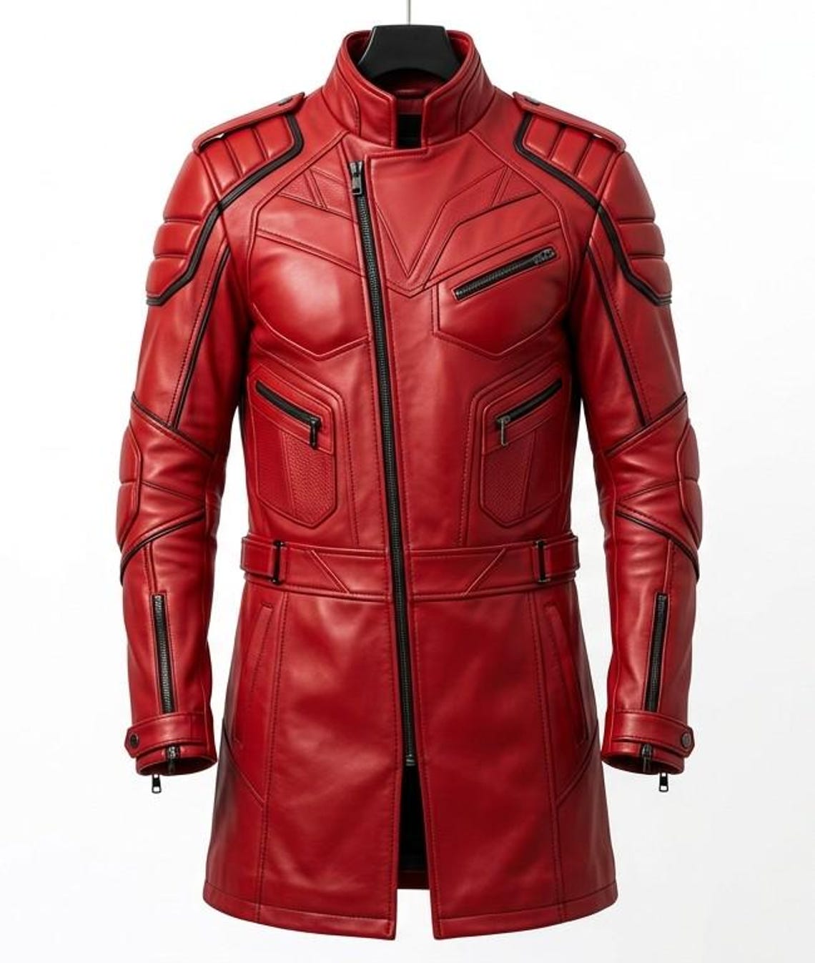 Front view of men red leather long coat tactical slim fit motorcycle jacket