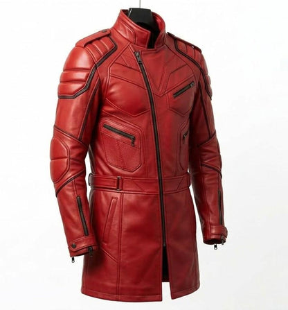 Side angle of red leather biker long coat for men