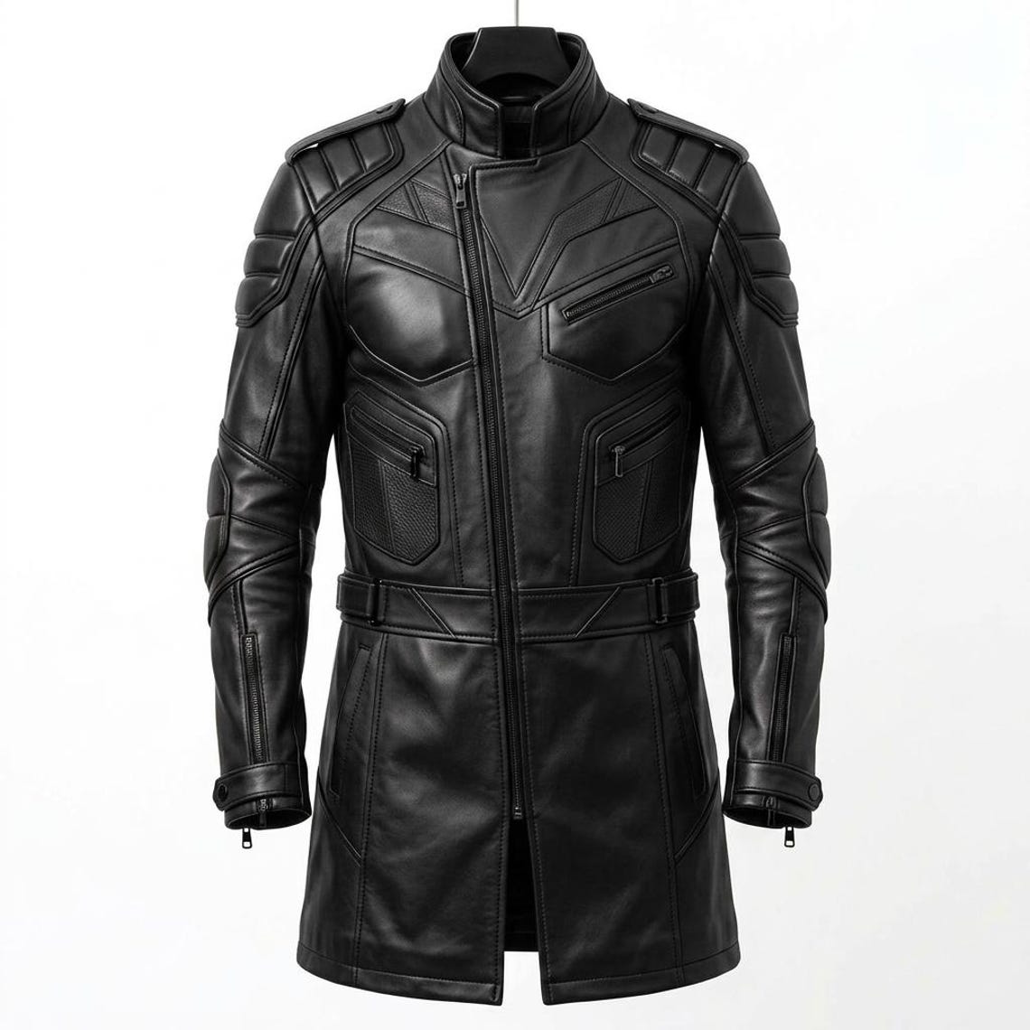 Front view of men black leather long coat tactical slim fit motorcycle jacket