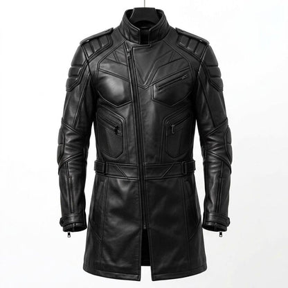 Front view of men black leather long coat tactical slim fit motorcycle jacket