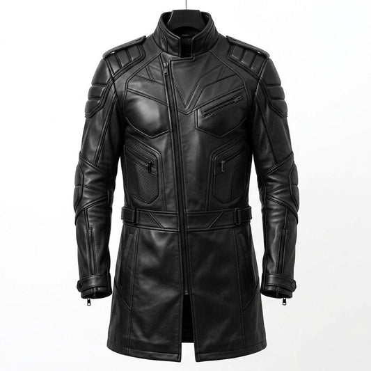 Front view of men black leather long coat tactical slim fit motorcycle jacket