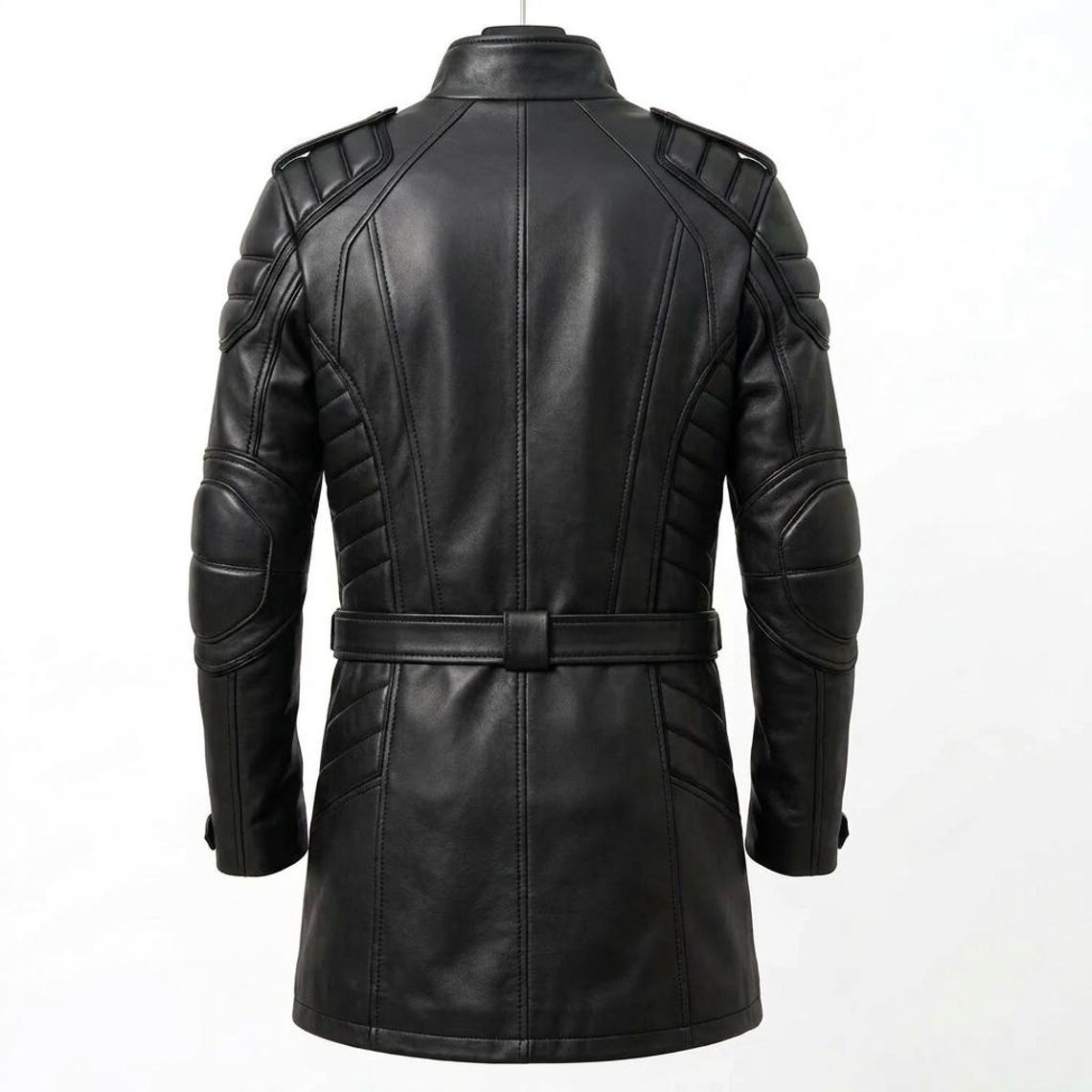 Back view of men tactical black leather long coat
