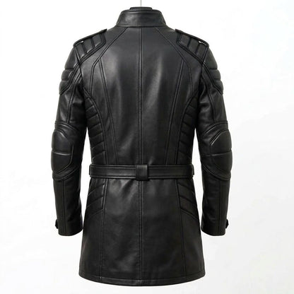 Back view of men tactical black leather long coat
