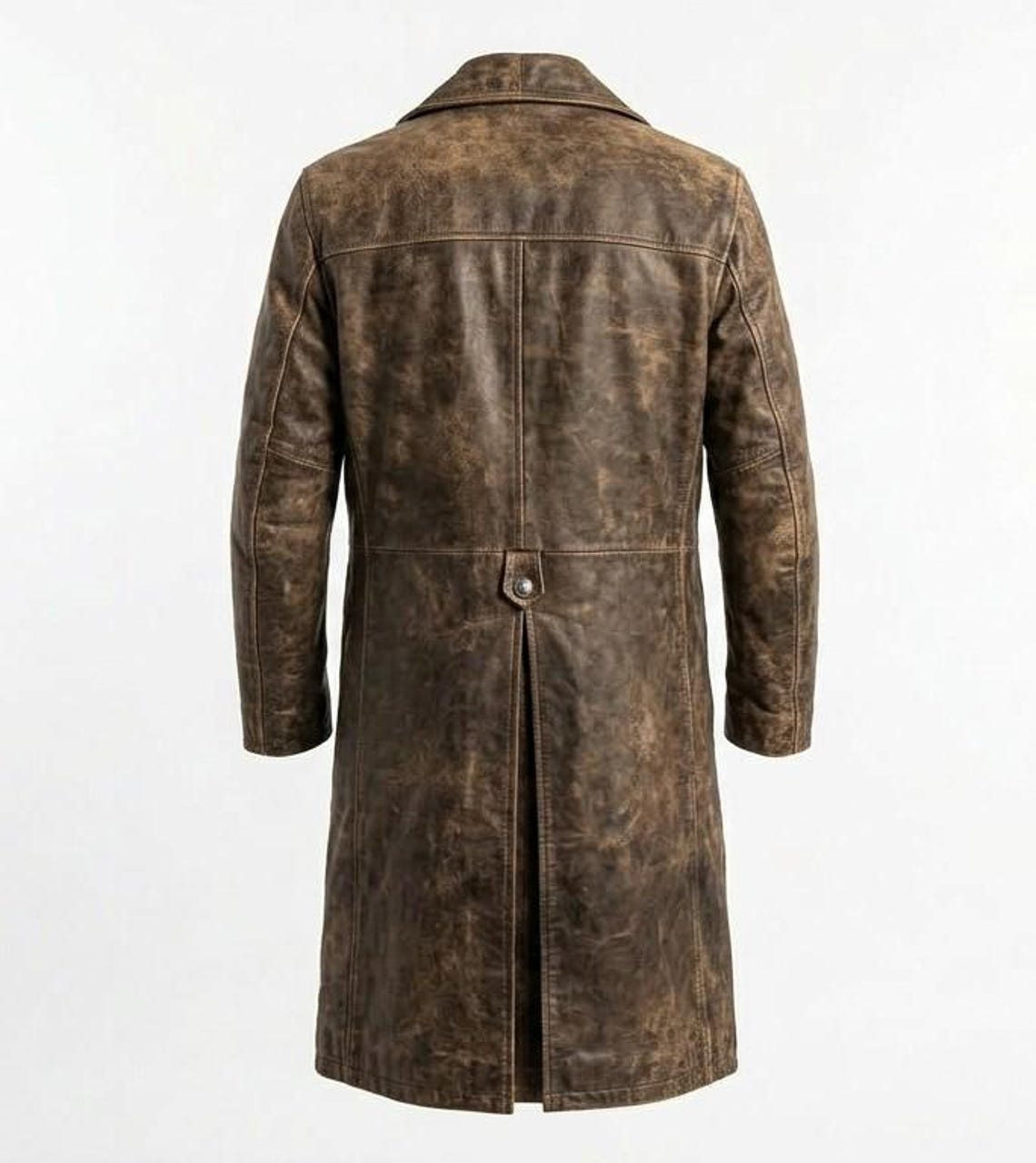 Back view of mens long brown leather trench coat