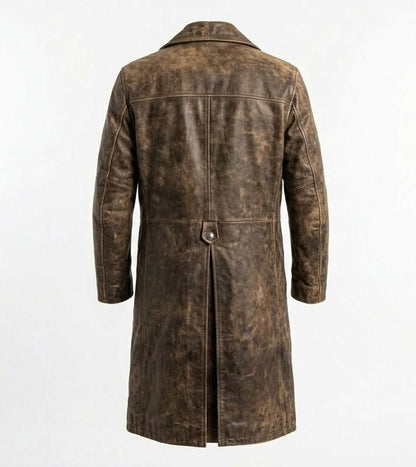 Back view of mens long brown leather trench coat
