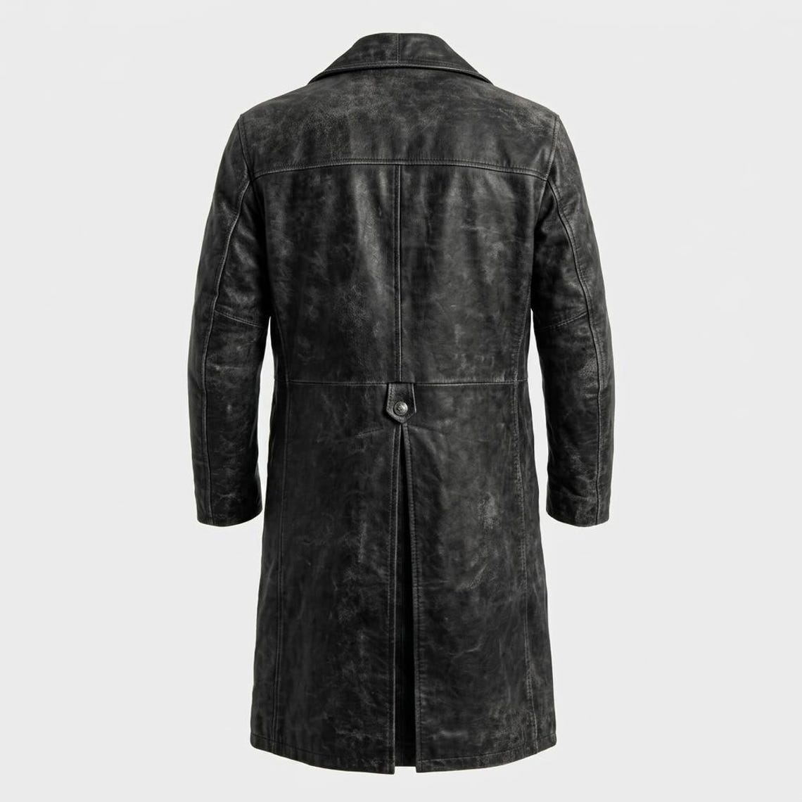 Men Vintage Distressed Black Leather Trench Coat Double Breasted Long Jacket
