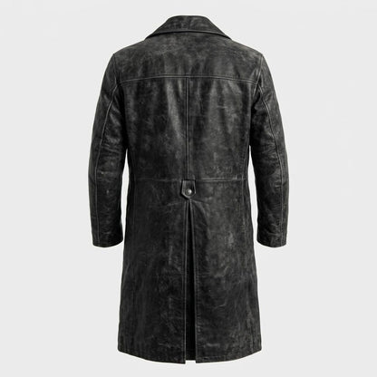 Men Vintage Distressed Black Leather Trench Coat Double Breasted Long Jacket
