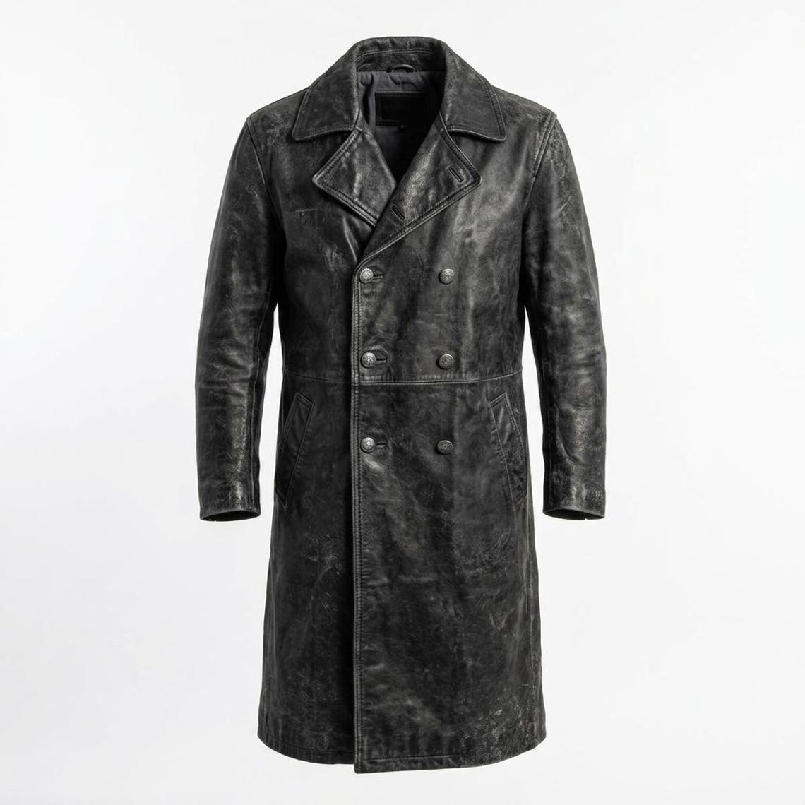 Men Vintage Distressed Black Leather Trench Coat Double Breasted Long Jacket