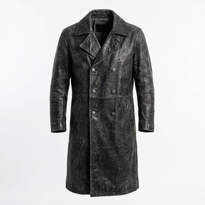 Men Vintage Distressed Black Leather Trench Coat Double Breasted Long Jacket